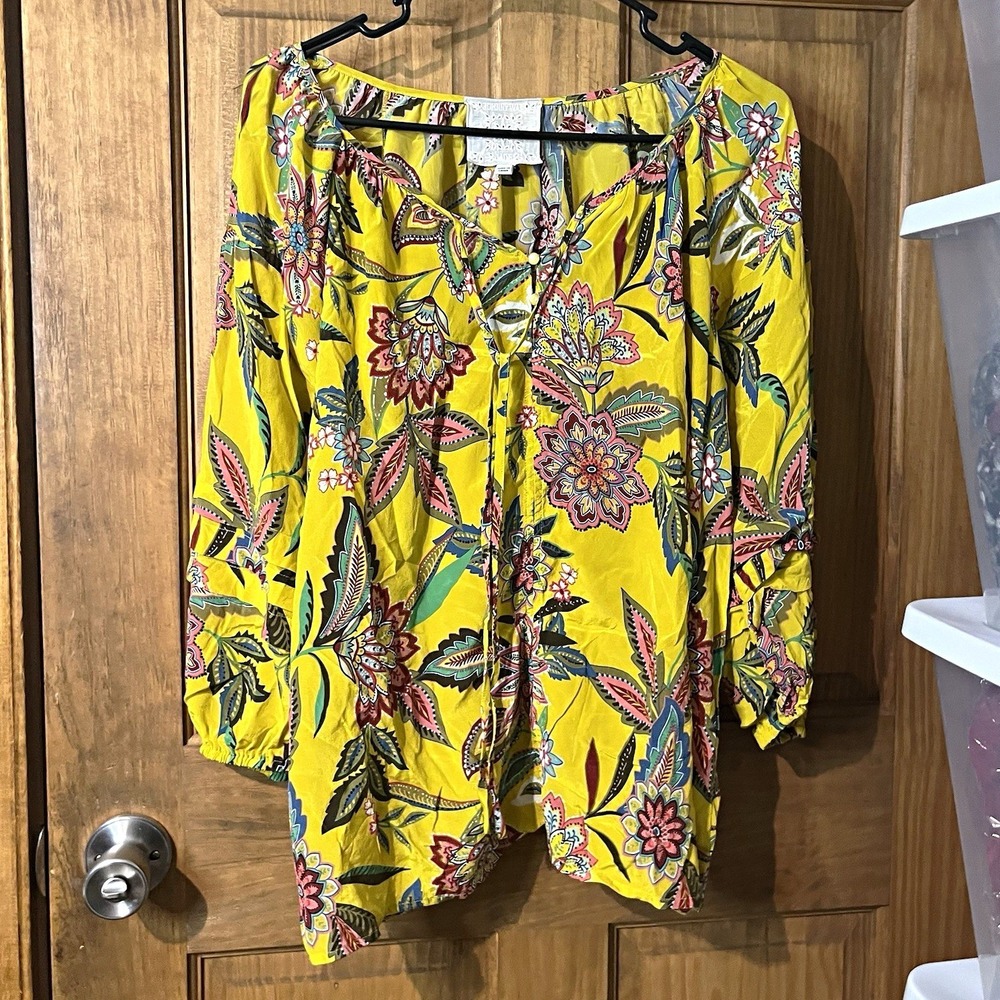 Johnny Was Anka Floral Print Silk Peasant Top Yellow Boho Blouse L13521-4 Med M